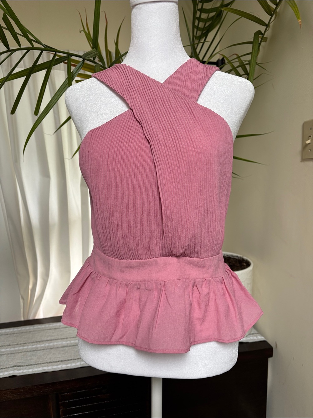 Express Dusty Rose Twist Front Peplum Halter Top - Picture 2 of 10